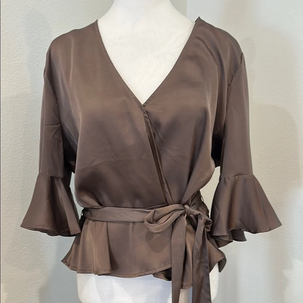 Soho Brown Ruffle Wrap Blouse - Picture 1 of 14